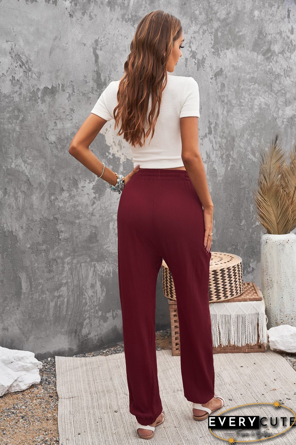 Wine Red Drawstring Elastic Waist Joggers with Pockets