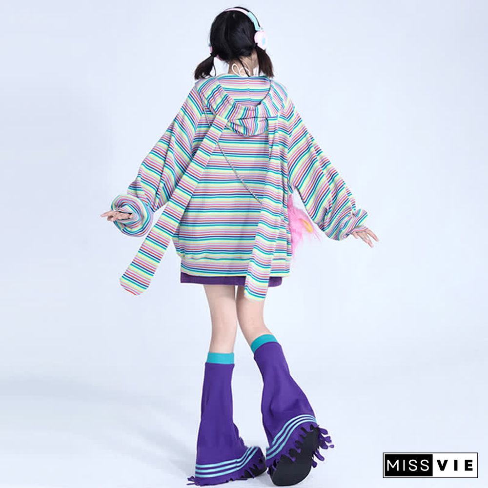 Long Bunny Ears Pocket Oversize Zipper Hooded Sweatshirt