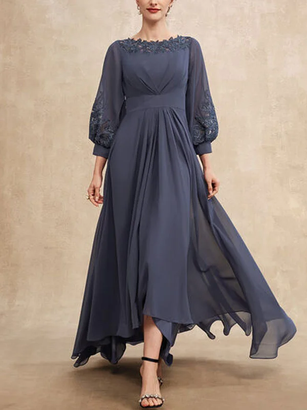 A-Line Scoop Neck Asymmetrical Chiffon Mother of the Bride Dress With Ruffle Appliques Lace