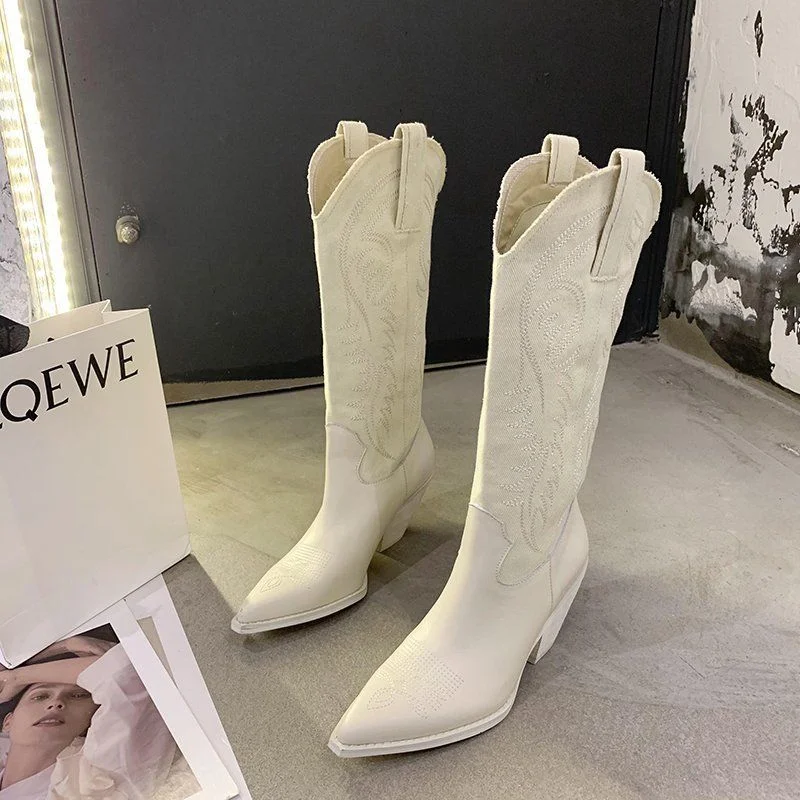 2021 INS Winter Women Beige High Heels Wedges Long Boots Vintage Embroidered Knee Thigh High Boots Designer Riding Cowboy Boots