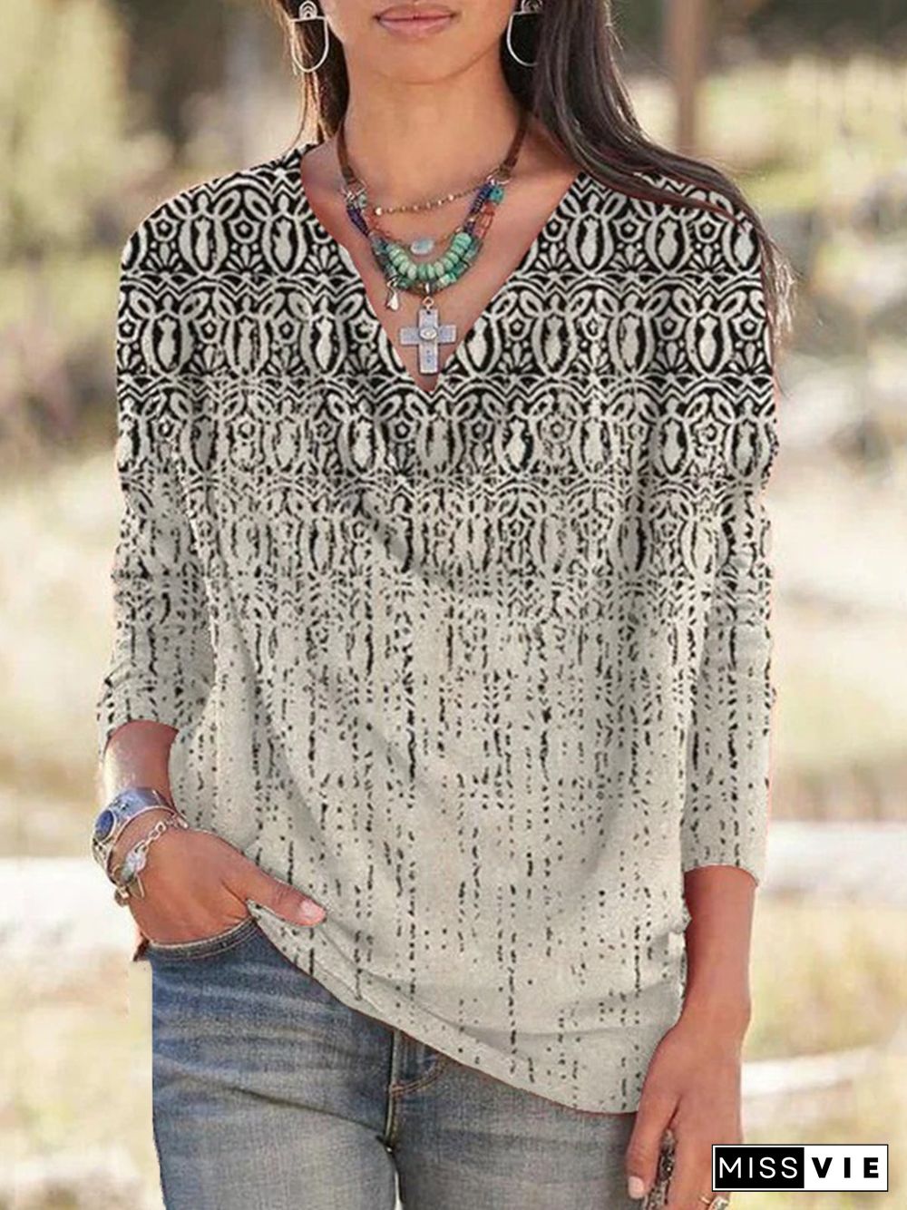 Casual Abstract V Neck Loose Long Sleeve T-Shirt