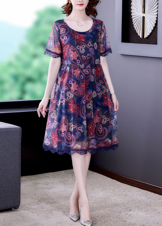 VCSHOES Blue O Neck Print Patchwork Tulle Dresses Summer