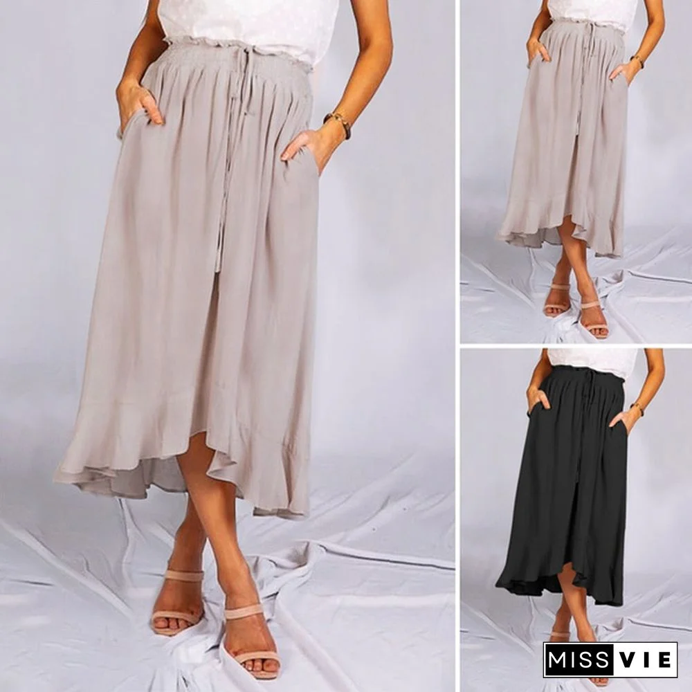 Celmia Womens Summer Elegant Light Pleated Halt Skirt Elastic Casual Midi Skirt With Pockets Plus Size