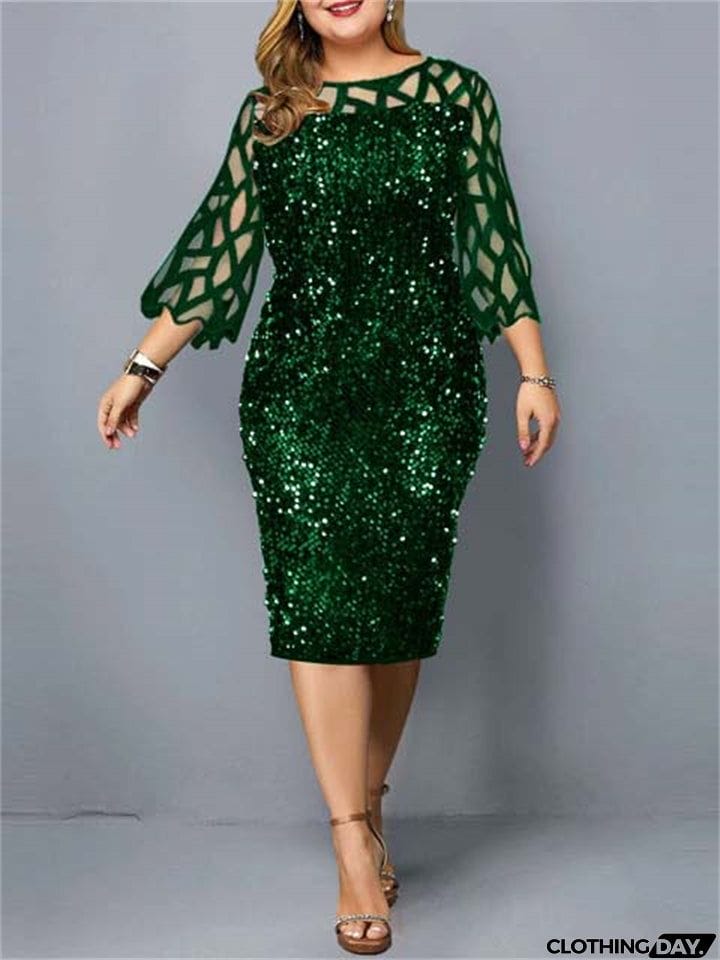 New Elegant Sequined Design Plus Cocktail Dresses With Sleeves