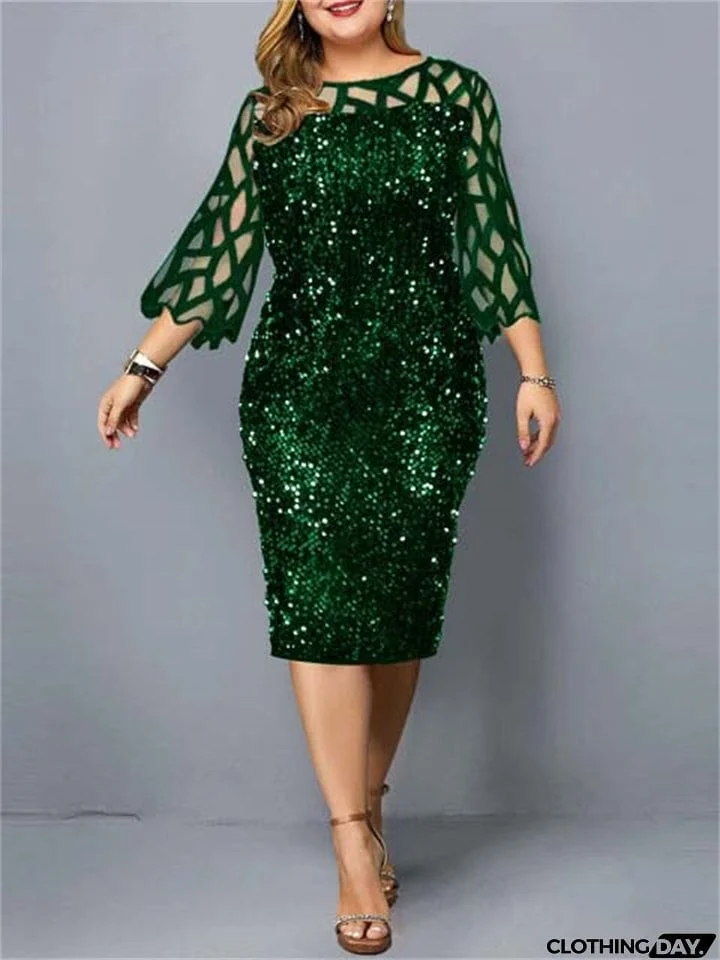 New Elegant Sequined Design Plus Cocktail Dresses With Sleeves
