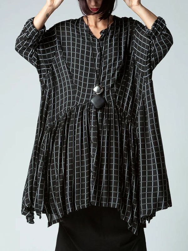 Loose Single Breasted Checker Blouses