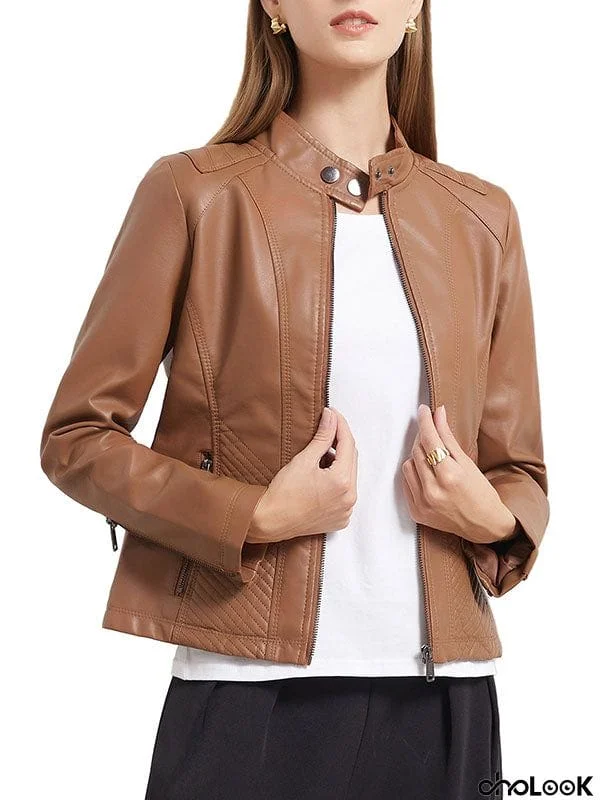 Long Sleeves Plus Size Buttoned Pockets Split-Joint Zipper Stand Collar Jackets Outerwear