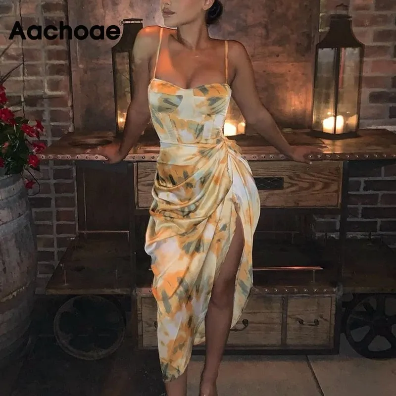 Aachoae Summer Spaghetti Strap Beach Dress Women Printed Split Sexy Holiday Dress Sleeveless Backless Pleated Satin Midi Dresses