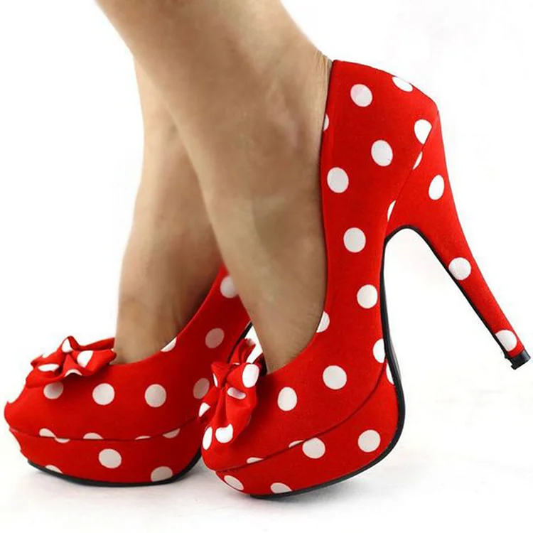 Classic Red & White Stiletto Heels Women'S Round Toe Platform Shoes Polka Dot Pumps |FSJ Shoes