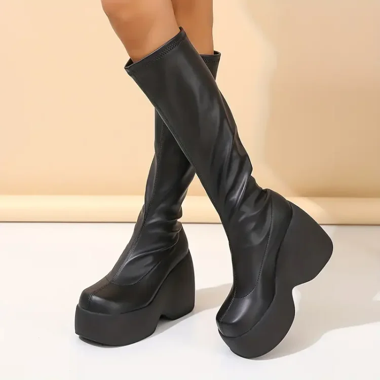 Custom Made Black Round Toe Wedge Knee High Platform Boots |FSJ Shoes