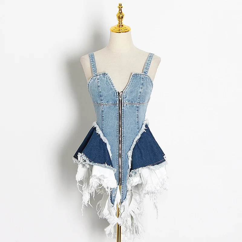 Toloer Toloer 2024 New Sexy V Collar Color Splicing Cowboy Zipper Waist Vest Irregular Halter Top Female-Outfit Ideas