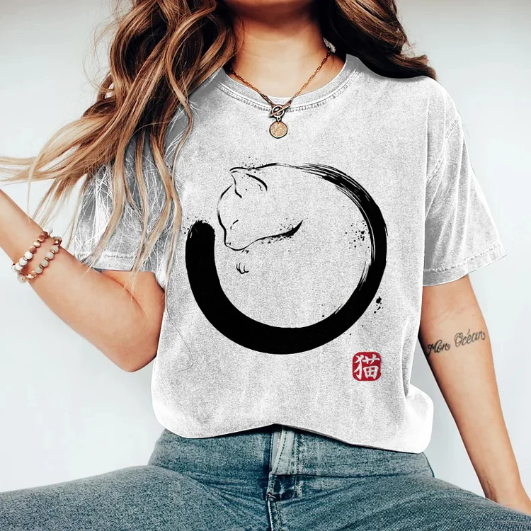 Comstylish Vintage Japanese Art Cat Print Casual Cozy T-Shirt