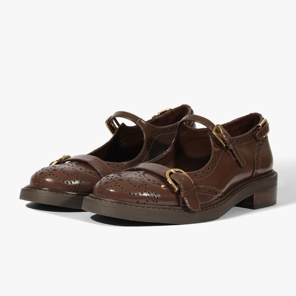 Brown Perforated Round Toe Heeled Mary Janes with Buckle Straps Nicepairs