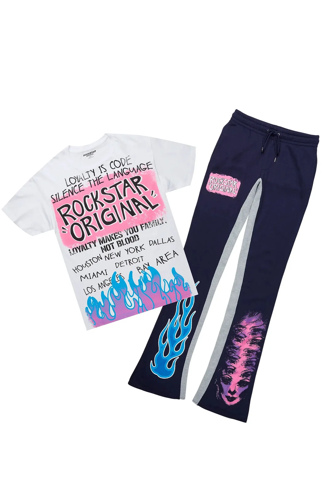 Beno White/Navy T-Shirt/Baggy Stacked Pant Set