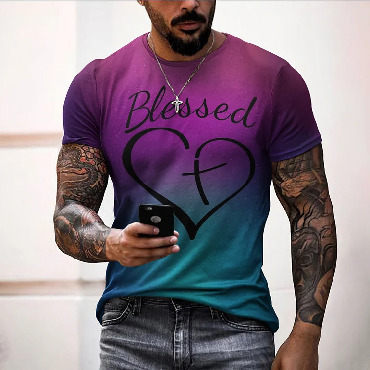 BrosWear Men'S Blessed Gradient Print Short Sleeve T Shirt