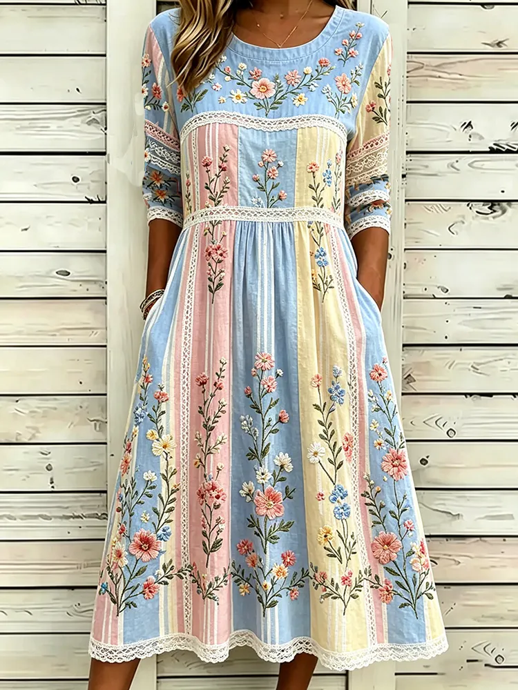 Vintage Floral Vine 3d Art Embroidery Spliced Cotton Linen Distressed Round Neck Mid-sleeve Dress