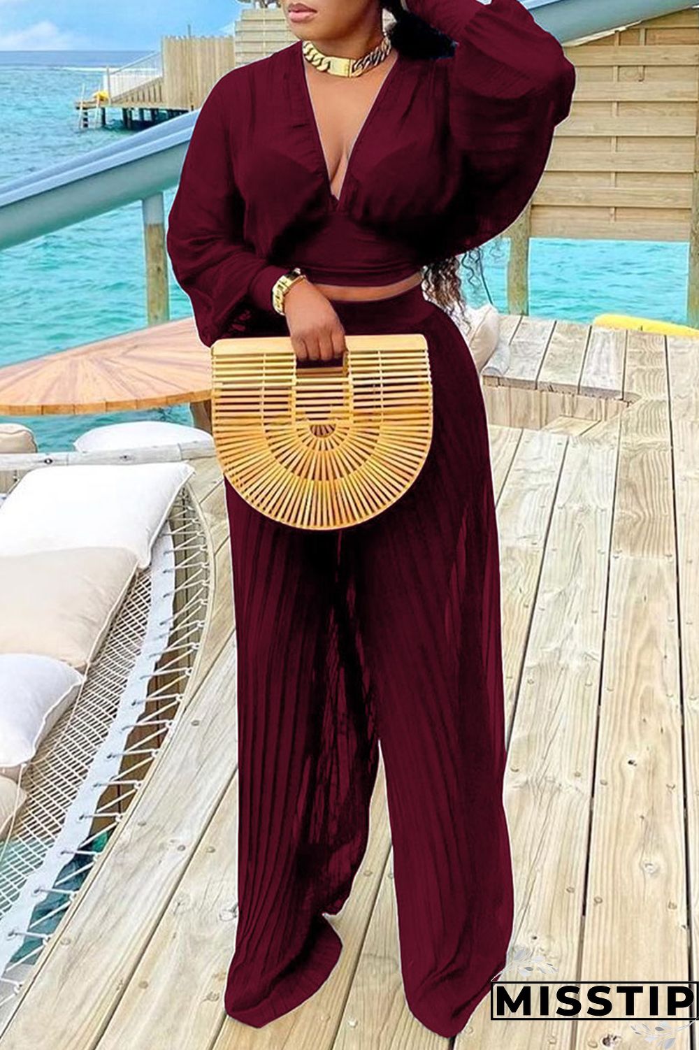 Burgundy Sexy Solid Patchwork Fold V Neck Long Sleeve Two Pieces