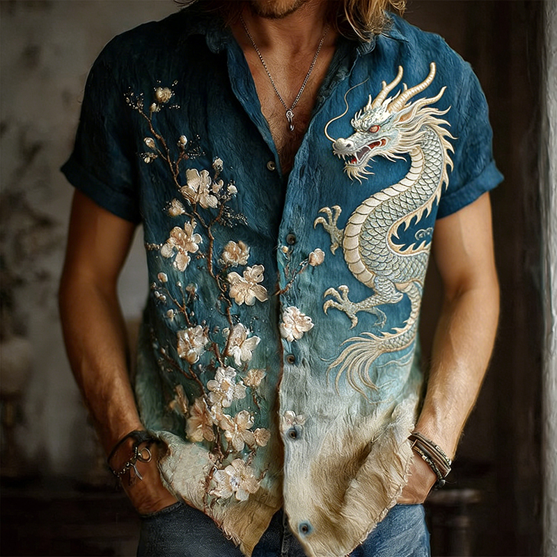 Men's Japanese Dragon & Apricot Blossom Art Linen Shirt elevenforest