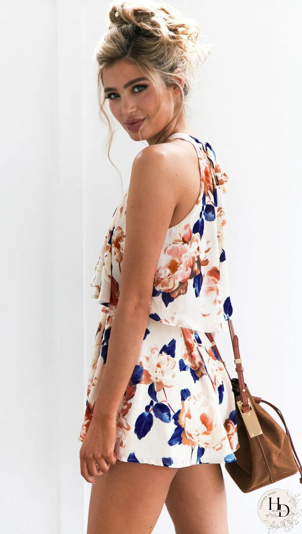 Beige Floral Crop Top and Shorts Matching Sets