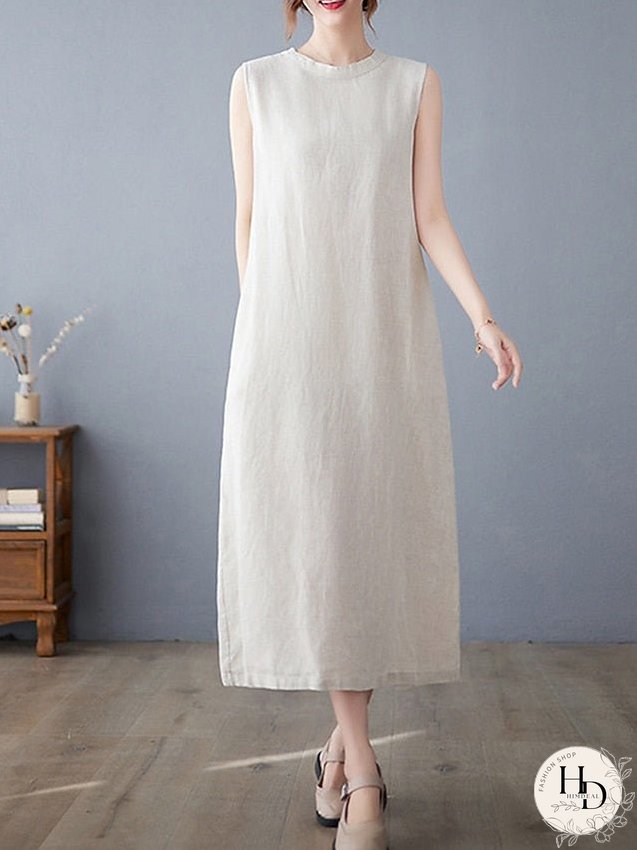 Cotton Linen Dress Casual Dress Midi Dress Linen Cotton Blend Basic Modern Outdoor Daily Vacation Stand Collar Pocket Sleeveless Summer Spring Loose Fit Navy Blue Apricot Plain M L XL 2XL for Women