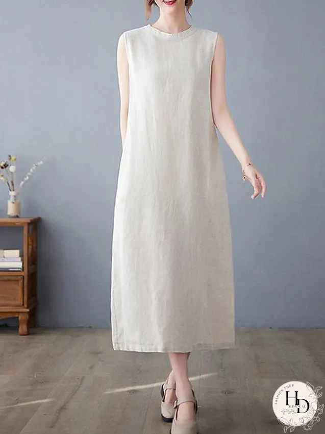 Cotton Linen Dress Casual Dress Midi Dress Linen Cotton Blend Basic Modern Outdoor Daily Vacation Stand Collar Pocket Sleeveless Summer Spring Loose Fit Navy Blue Apricot Plain M L XL 2XL for Women