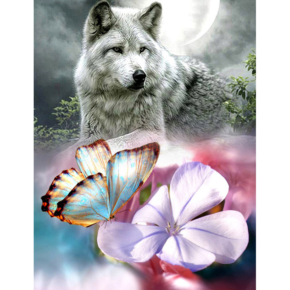 

30*40CM - Round Drill Diamond Painting - Wolf and Butterfly Flower, 501 Original