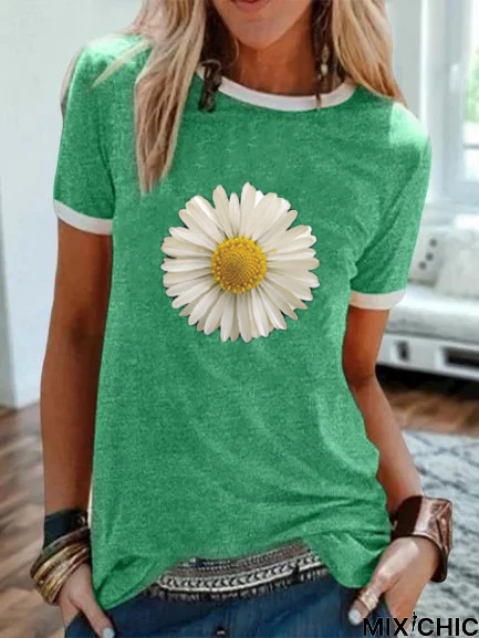 Printed Cotton-Blend Short Sleeve Casual T-shirt