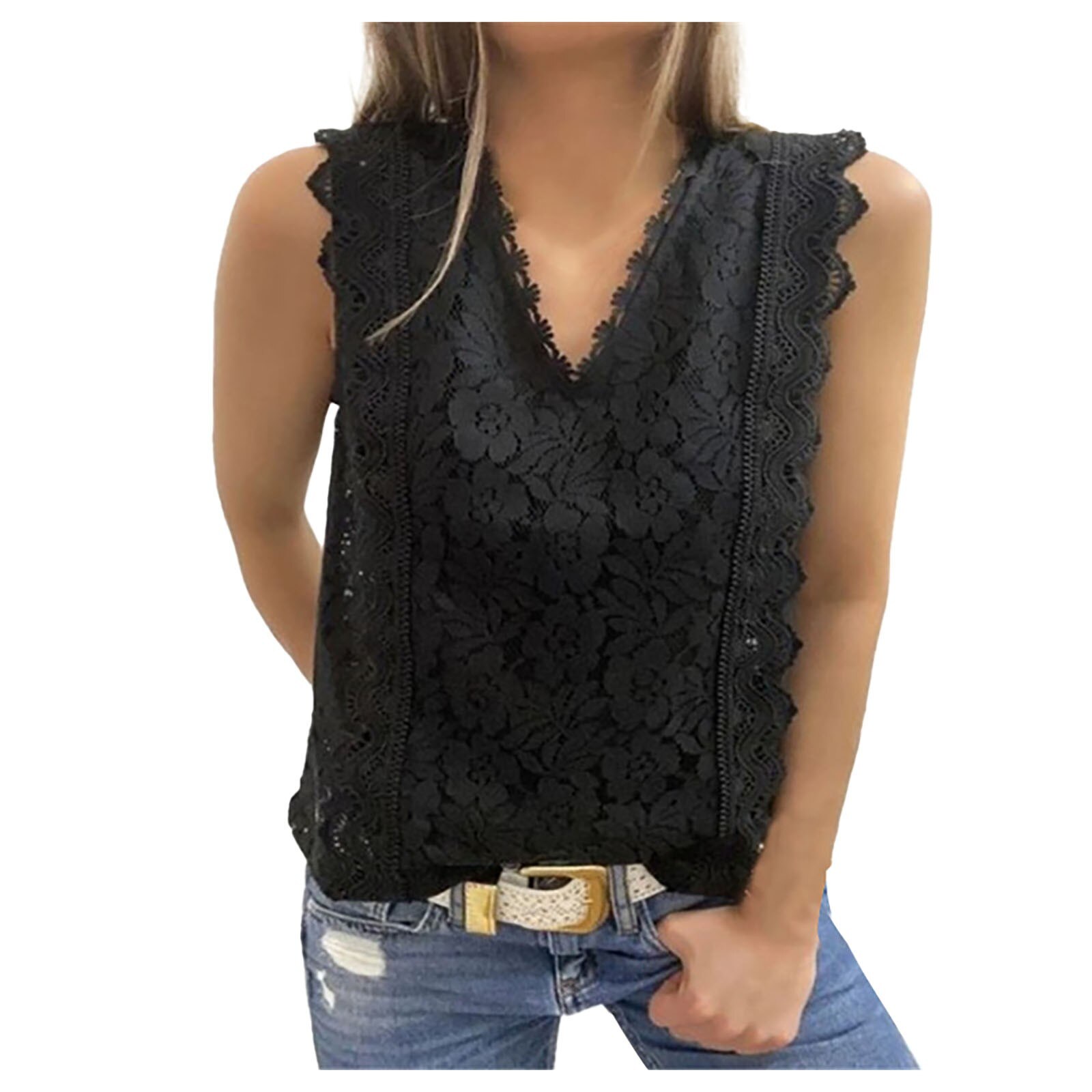 45# Summer Lace T Shirt Women Fashion Sexy Sleeveless Solid Shirt Hollow Party V-Neck Shirt Plus Size Hot Top 2021 Camisetas