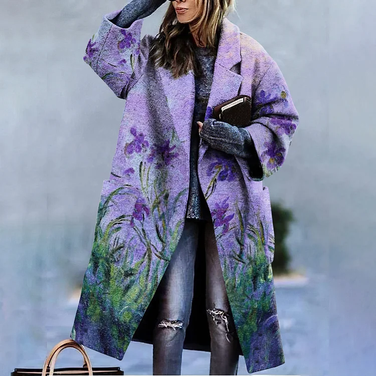 Comstylish Art Oil Painting Pattern Loose Casual Mid Length Coat