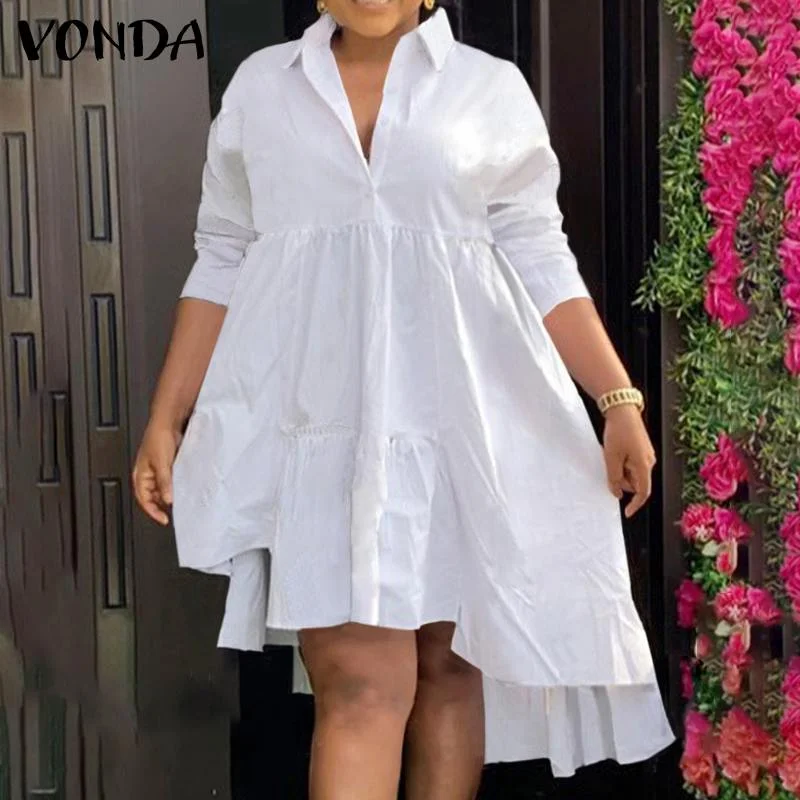 Autumn Dress VONDA 2022 Casual Lapel Collar Asymmetric Hem Solid Party Vestidos Women Long Sleeve Pleated Dresses Femme Robes