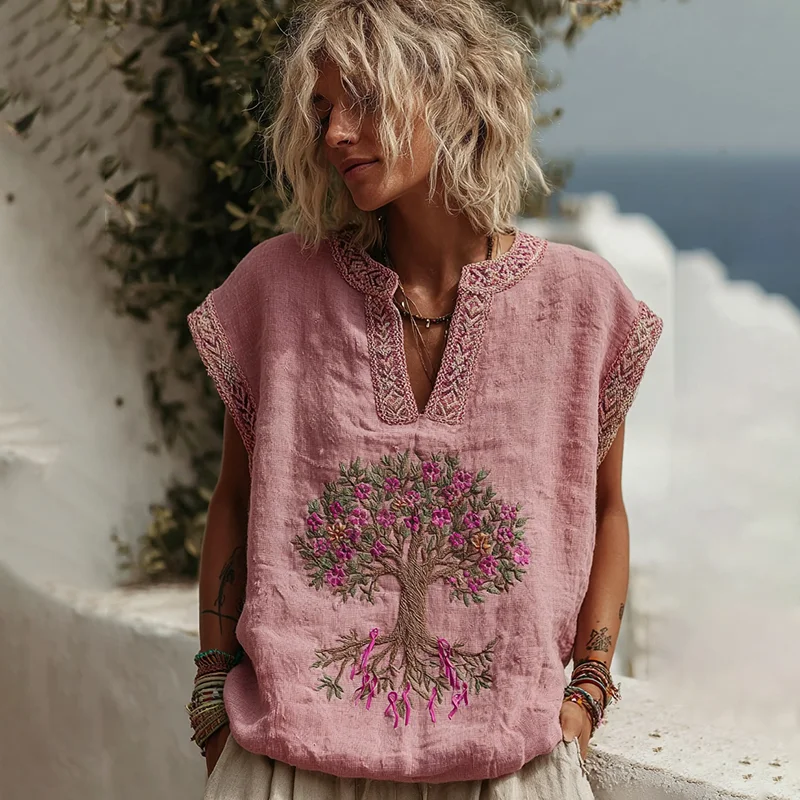 Women's Tree Of Life Pink Ribbon Small V Neck Tank Top