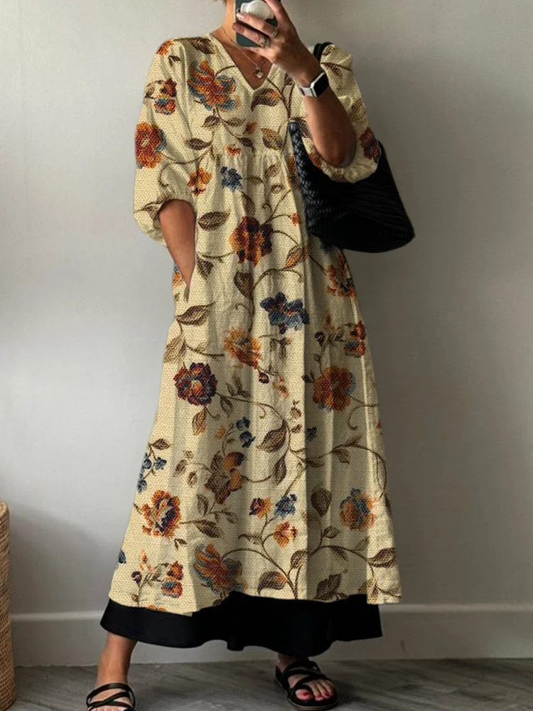 Women's Vintage Lovely Floral Art Print Pocket V-neck Cotton Dress