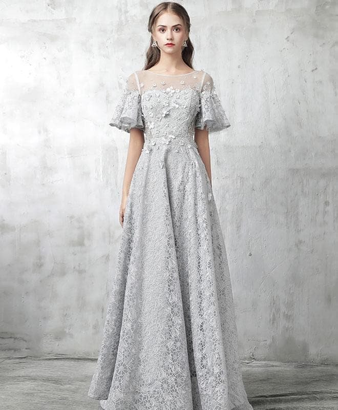 Gray Tulle Lace Long Prom Dress, Gray Evening Dresses