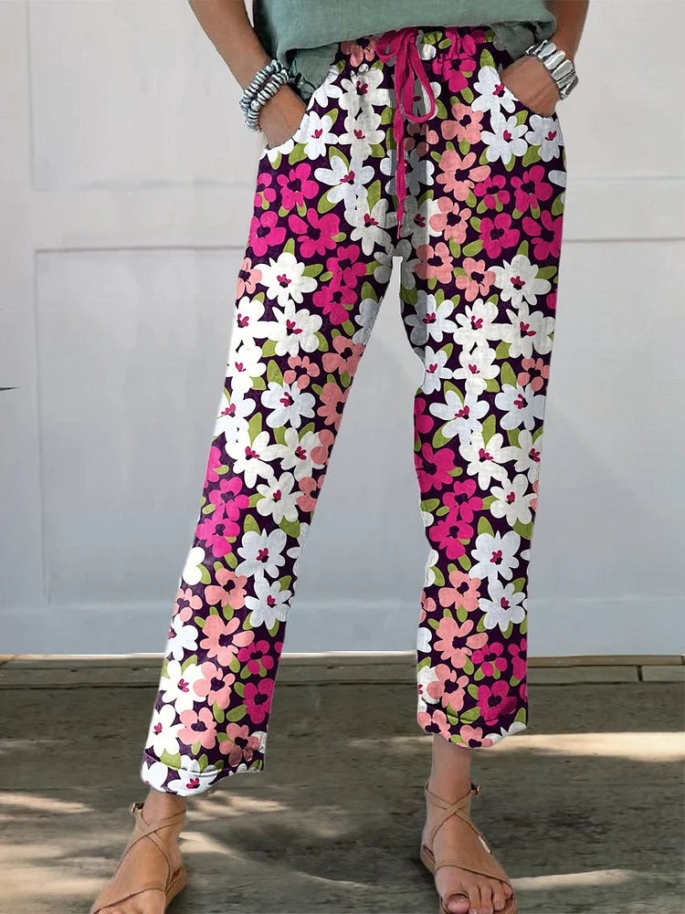 Women's Flower Printed Cotton And Linen Casual Pants