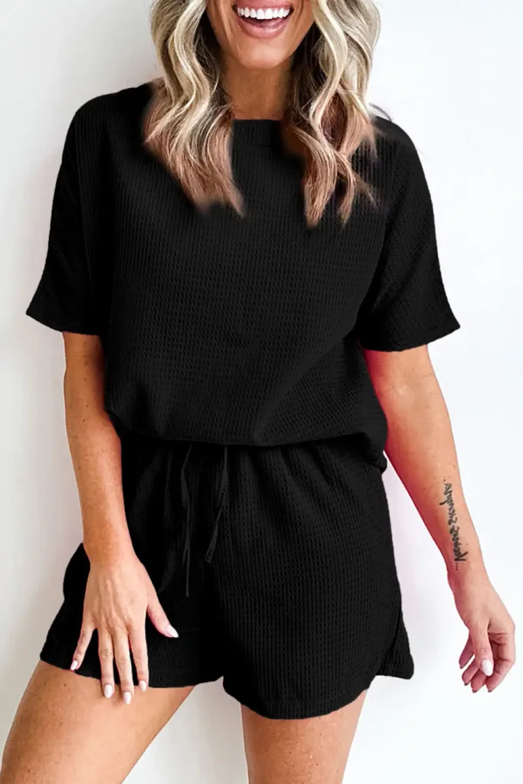chic black textured tee and shorts