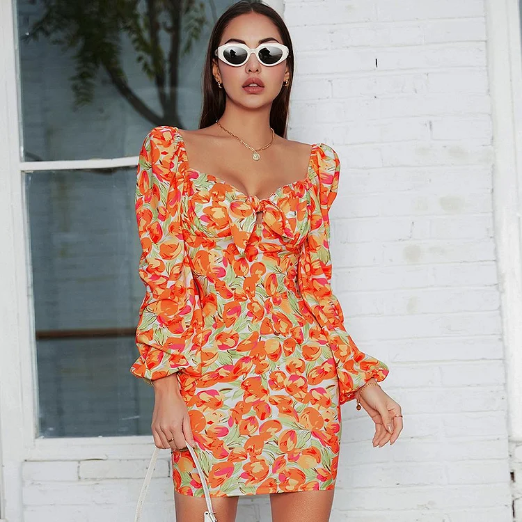 Printed hip sexy big V-neck puff sleeve dress