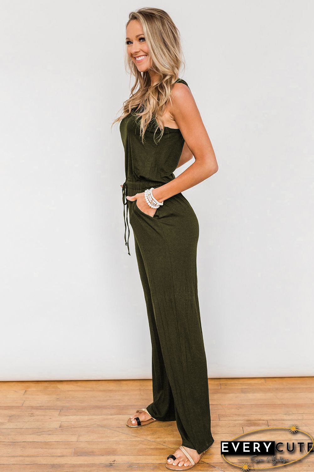Green Split Neck Drawstring Waist Sleeveless Jumpsuit