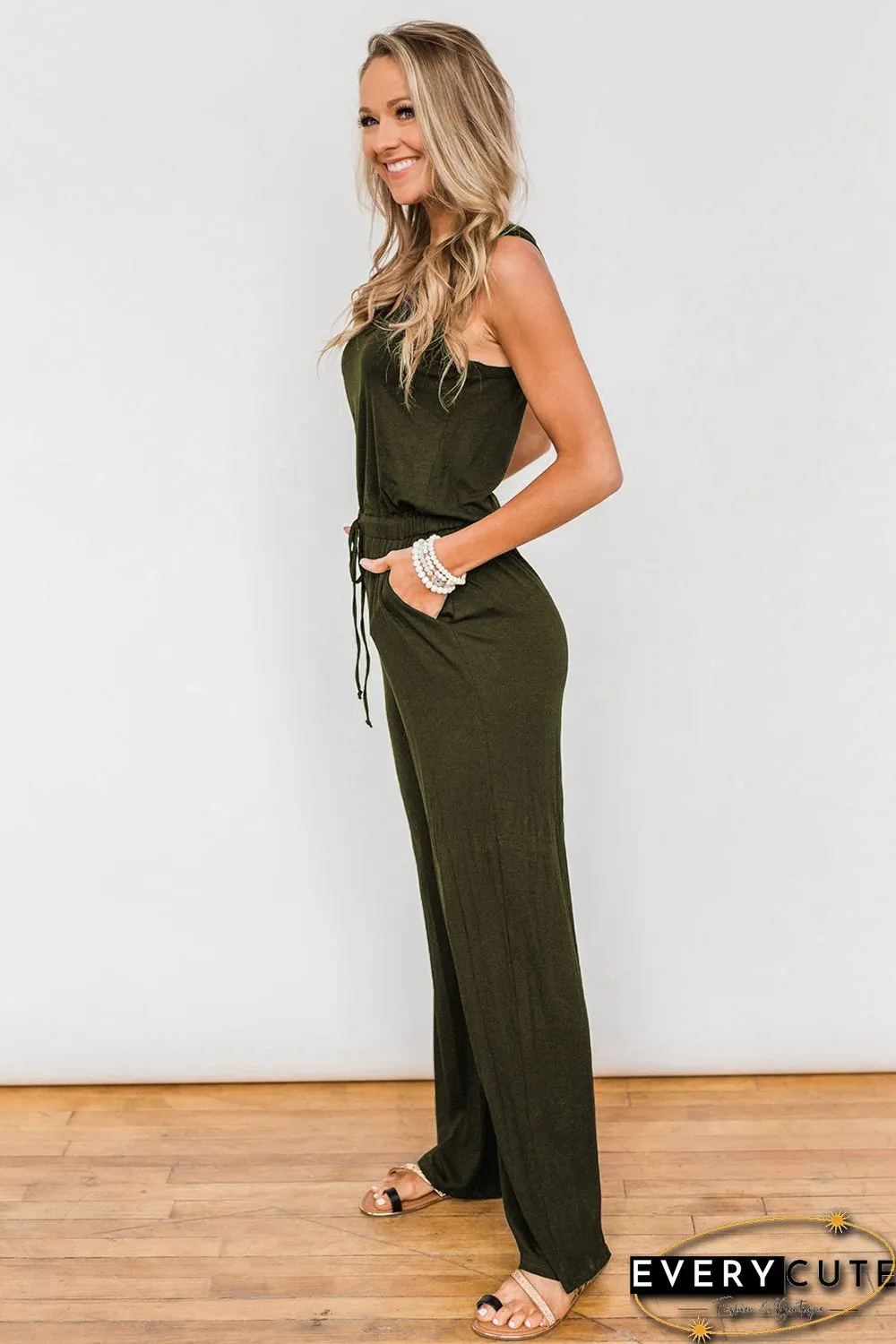 Green Split Neck Drawstring Waist Sleeveless Jumpsuit