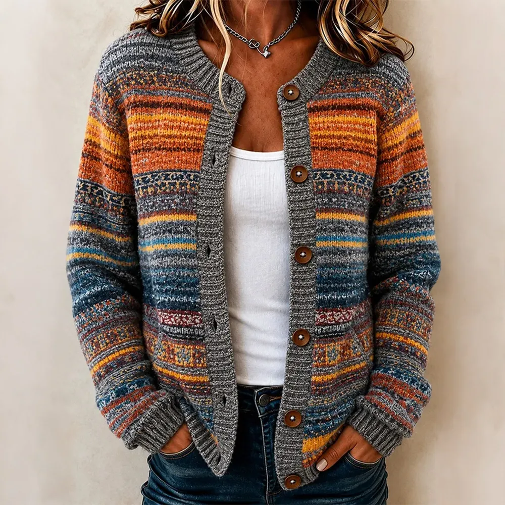 Comstylish Women's Retro Colorful Striped Art Print Knit Button Cardigan