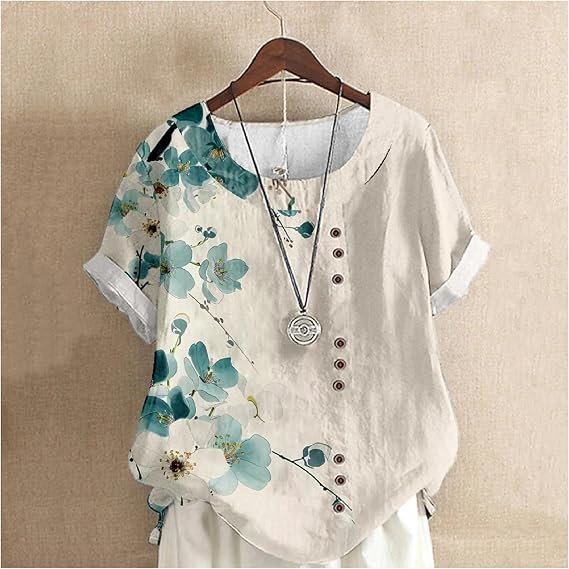 Women's Elegant Watercolor Art Flowers  Cotton And Linen Short Sleeve Top