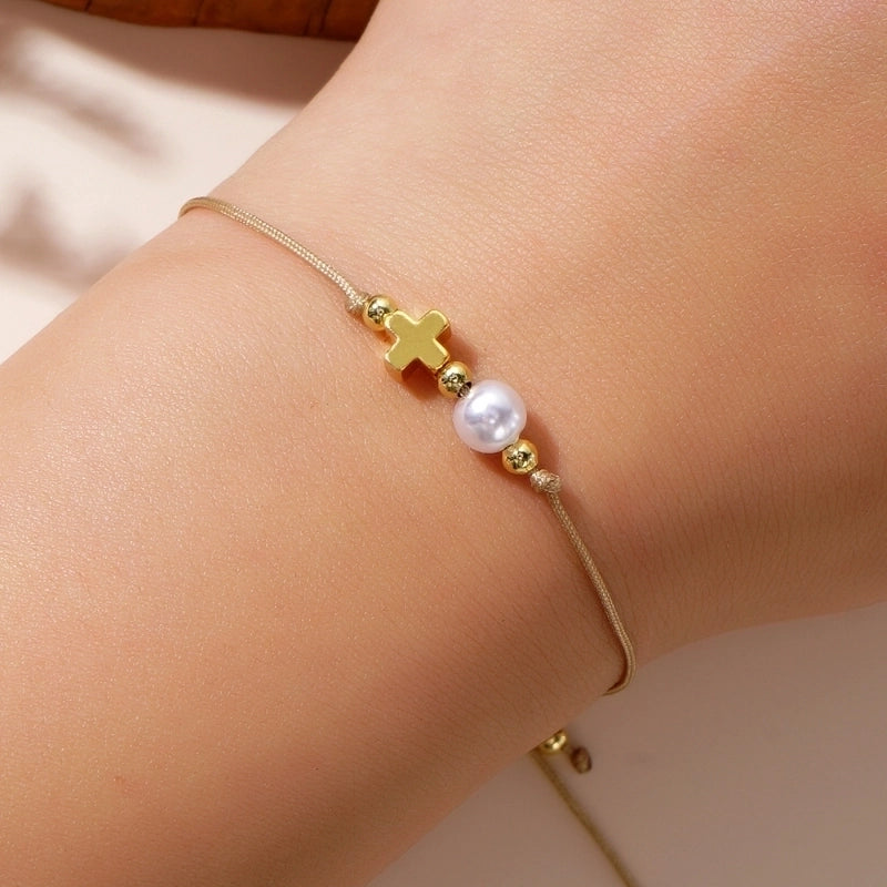 Minimalist Classic Style Cross Imitation Pearl Polyester Copper Drawstring Bracelets
