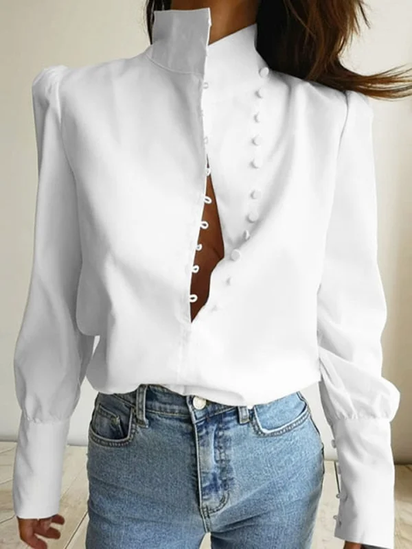 Long Sleeves Loose Solid Color Split-Joint High-Neck Blouses