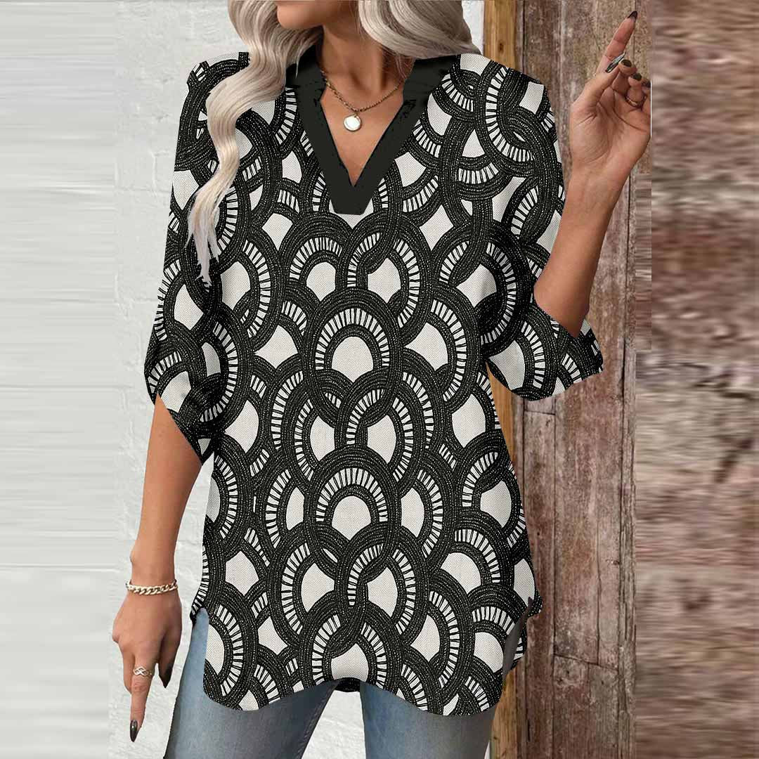 Women Floral, Black, White DZGA0141 3/4 Sleeve V-neck Printed Graphic Button Tops