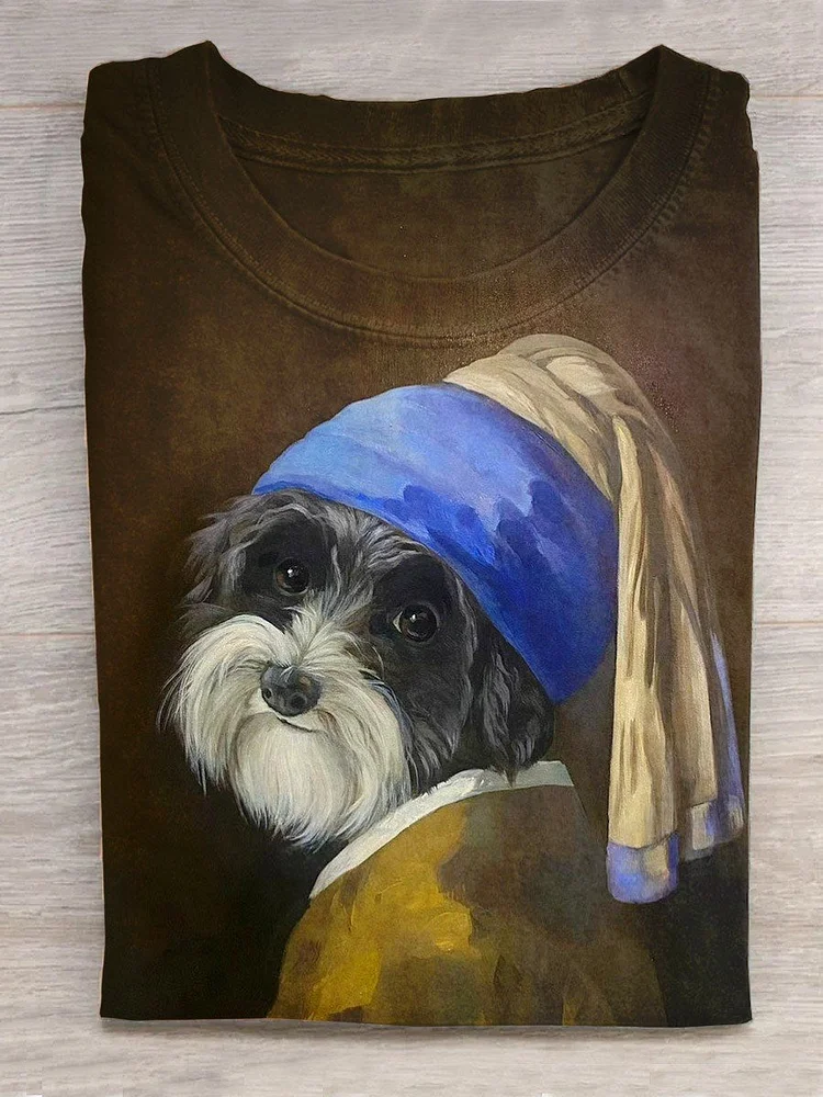 Funny Dog Series World Famous Painting Mona Lisa’s Smile Art Print Design T-Shirt