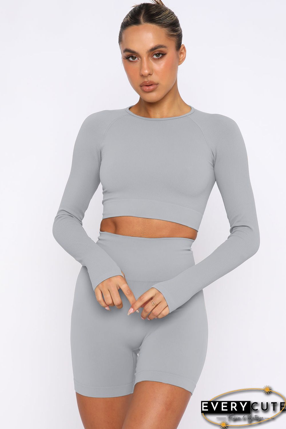 Gray Long Sleeve Seamless Crop Smoke