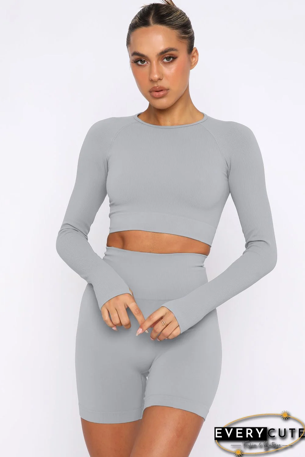 Gray Long Sleeve Seamless Crop Smoke