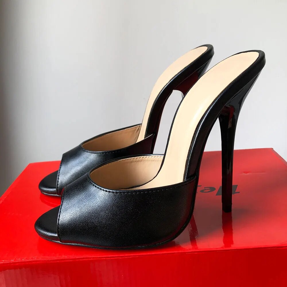 TAAFO 13cm High Heel Women Black Satin Peep Toe Slides Stilettos Plus Size 37-48 Pumps Slippers Crossdress Shoes