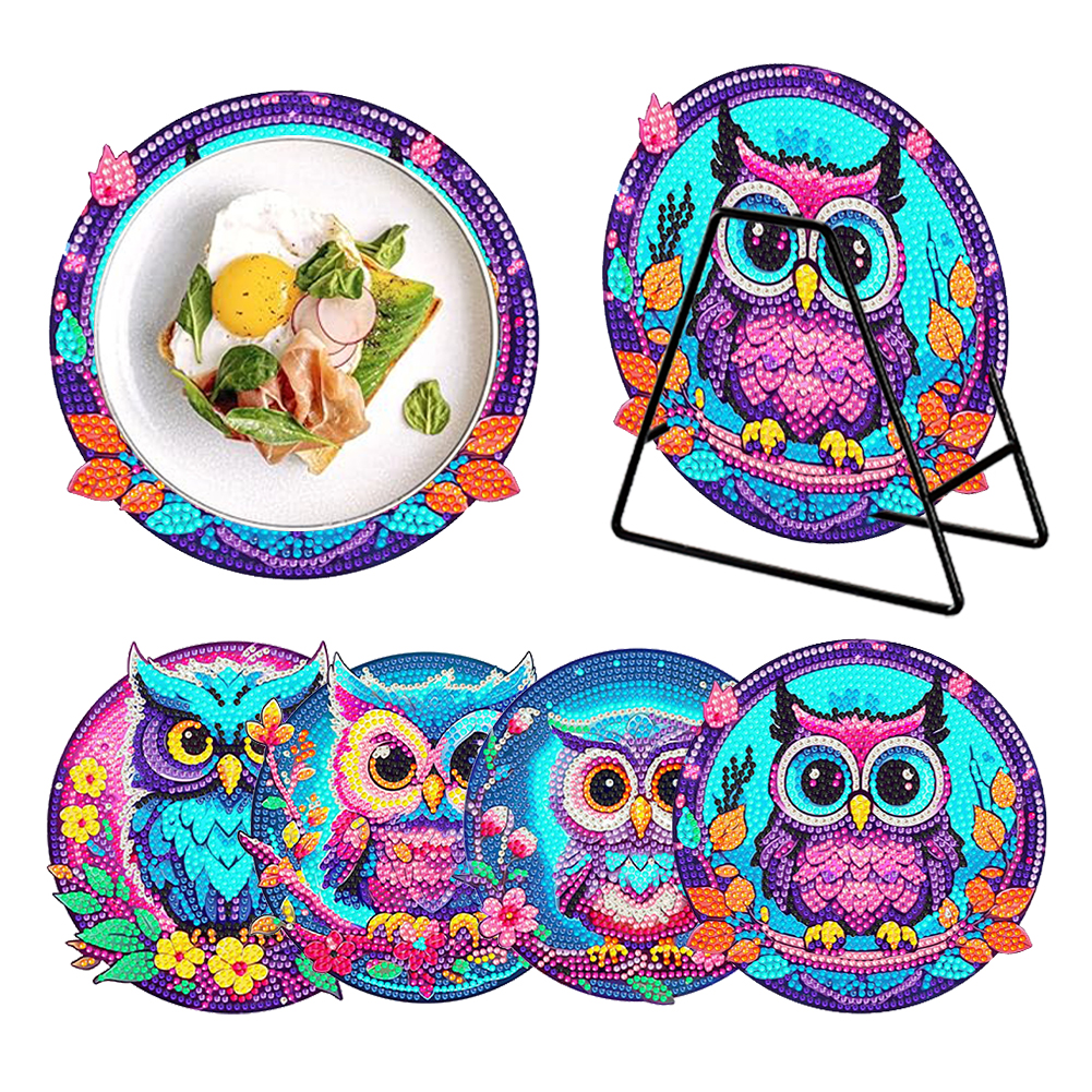 4Pcs Wooden Diamond Painting Placemats Round Diamond Art Table Mats (Owl C)