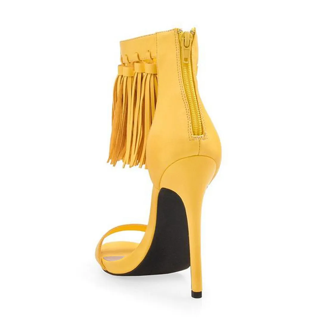 Yellow Open Toe Zipper Stiletto Heeled Sandals with Tassels