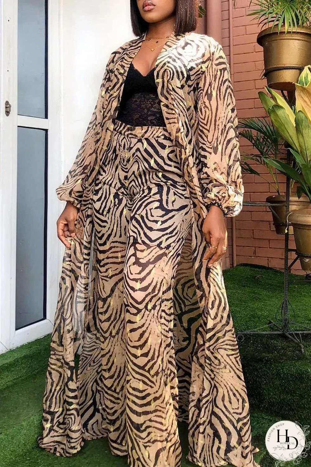 Blue Fashion Casual Print Slit V Neck Long Sleeve Two Pieces